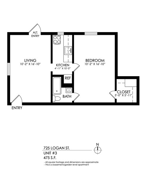 A drawing of a floor plan for an apartment at 725 Logan St.